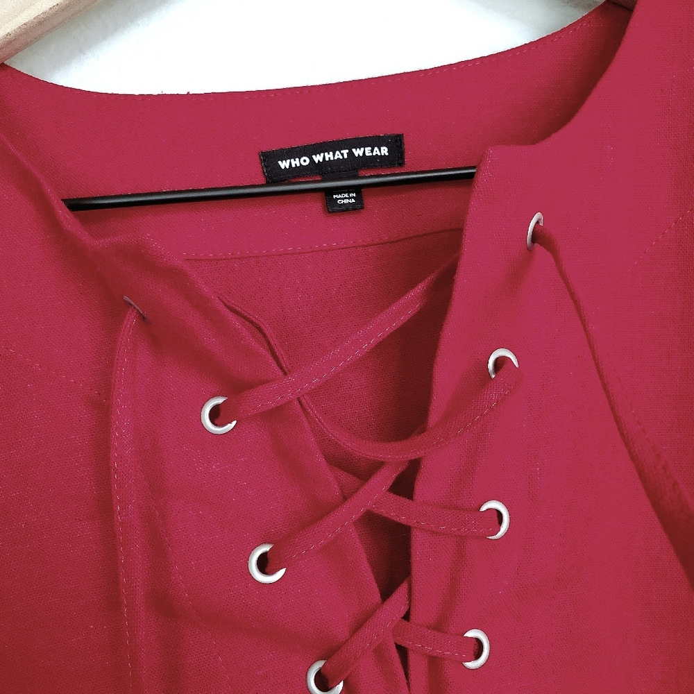 Who What Wear Linen Blend Red Balloon Puff Sleeves Dress, Medium - Picture 5 of 13